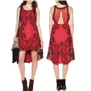 RARE Free People Famous Russian Red Floral Paisley Cutout Lace High Low Dress  L